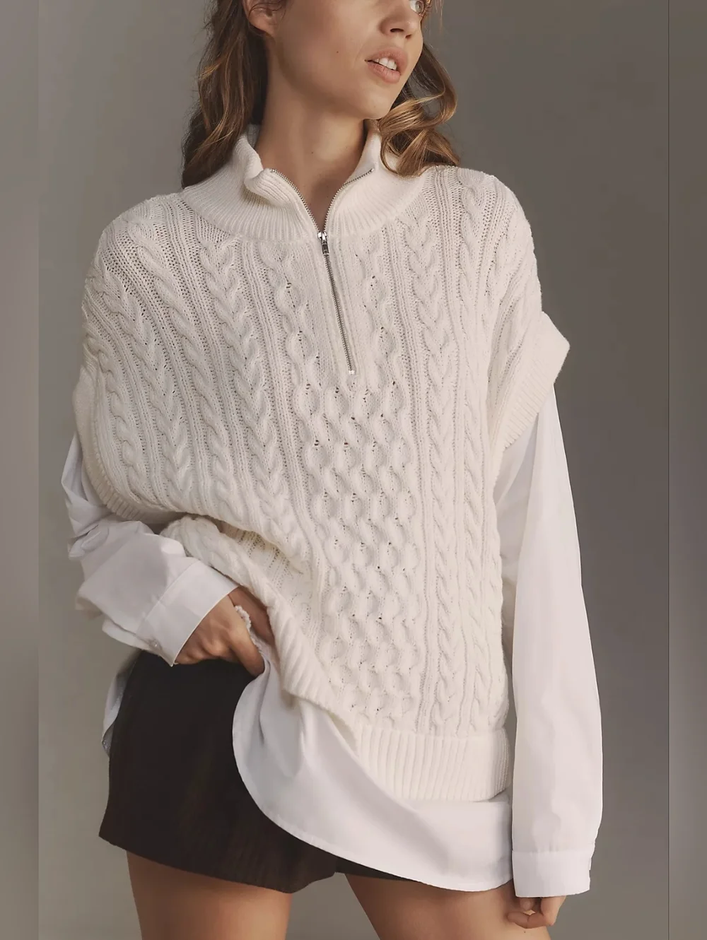 Anthropologie Pilcro Chunky Cable Knit Twofer Half-Zip Sweater Cream White M
